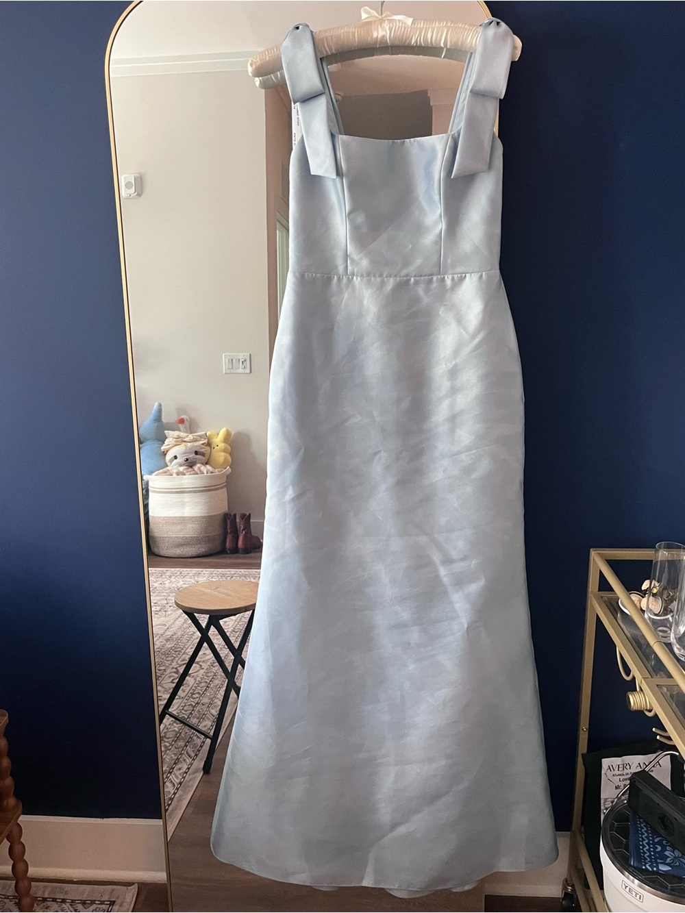 ALFRED SUNG Mist Blue Satin Maxi Dress with Shoulder Bows - Picture 5 of 8